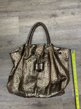 Carlos Falchi Metallic Bronze Snakeskin-Embossed Drawstring Tote